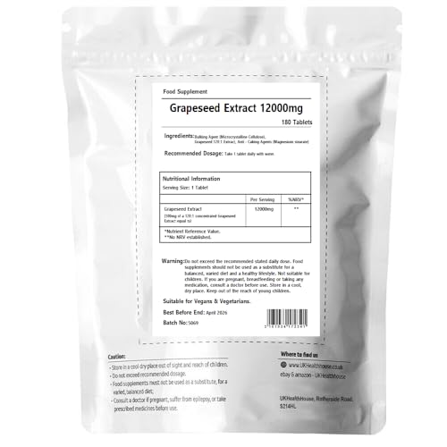 UKHealthHouse Grape Seed Extract 12000 mg Tablets - Oligomeric Proanthocyanidins - Plant Based Natural Wellness - High Strength Vegan UK Supplements (180 tabs)