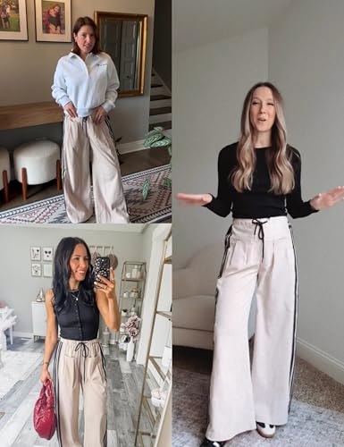 Hongsui Women's Wide Leg Pants Drawstring High Rise Side Striped Slouchy Palazzo Pants with Pockets4