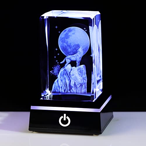 Ornalrist 3D Crystal Wolf Gifts for Men Women, Etched Moon Howling Wolf Figurines Wolf Lovers Girls on Birthday Christmas Wolf Keepsake Collectible with Colorful LED Light Base Home Decor Ornaments