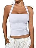 REORIA Women's Halter Going Out Tops Summer Y2K Shirts Sleeveless Sexy Crop Tank Top Y2k Outfits White Small