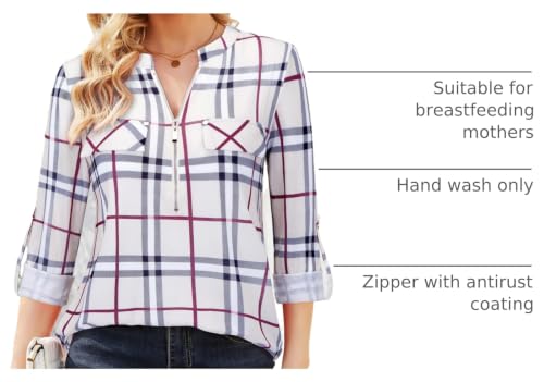 Image of Bulotus 3 /4 Length Sleeve Womens Striped Tops Zipper V Neck Collared Blouses Business Casual Tunics 2026 Spring Trendy