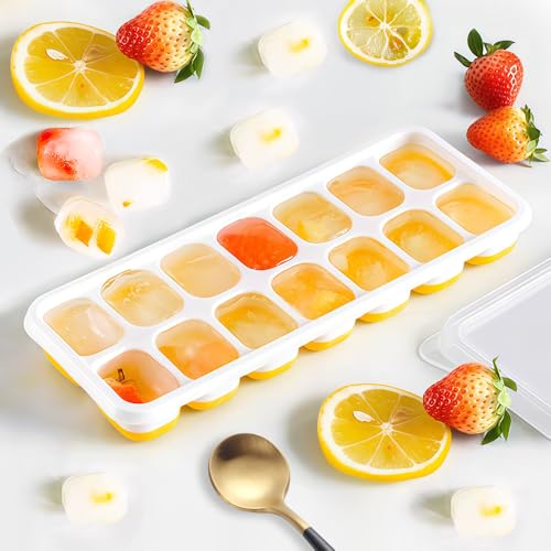Ice Cube Trays,14-Grid Yellow Silicone Ice Maker Mold with Lid, Easy-Release Ice Cube Tray for Freezer Bar Party Home Kitchen