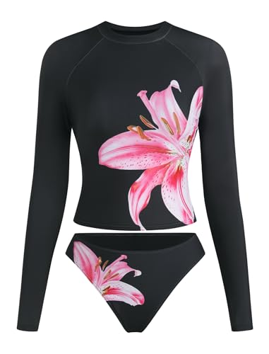 Image of ZAFUL Womens Rash Guard Swimsuits Long Sleeve Sun Protection Bathing Suit Tropical Swim Shirts with Briefs