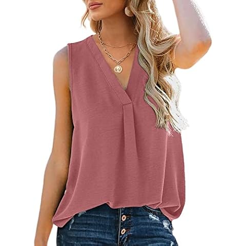 Aokosor Tops for Women Vests Ladies Summer Tops V Neck Sleeveless Loose Chiffon Tank Pink Size 14-16 Cover