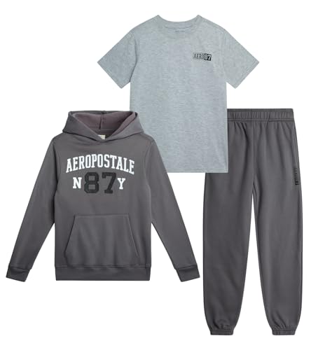 AEROPOSTALE Boys Sweatsuit Set - 3 Piece Athletic Soft Fleece Hoodie, Graphic Tee and Boys Joggers Sweatpants (Sizes: 8-12), Size 12, Castlerock Grey