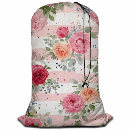 Swono Pink Rose Dining Toy Storage Heavy Duty Basket Laundry Bag with Drawstring Romantic White Peony Bouquets Folding Organizer for Travel Washing Machine, 28x40 Inch, Striped