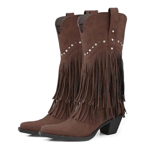 FGRID Botas Vaqueras borlas y Pantorrilla Ancha para Mujer, Botas Vaqueras Gamuza hasta la Rodilla Punta Cuadrada Vintage, Botas Invierno tacón Bloque y Flecos en la Punta,Marrón,37