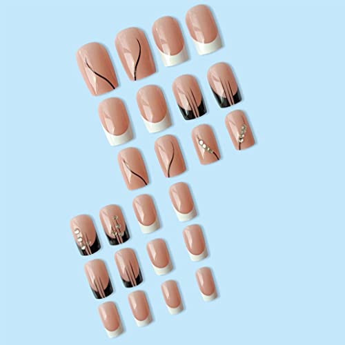 Foccna Square Press On Nails Rhinestone Black Fake Nails Tips Women's French False White Medium Glossy Daily Wear Artificail Nails For Nail Art Manicure Decoration 24Pcs  #TOP2