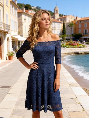 Image of Atnlewhi Womens Vintage Lace Floral Off Shoulder Elegant Swing Dresses A-line Mini Dress for Party Cocktail Wedding