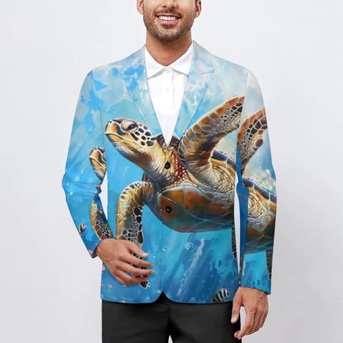 Sea Turtle Swimming Underwater Ocean Landscape Men's Suits Dress Business Formal Suit Print Jackets Coat For Wedding Party2