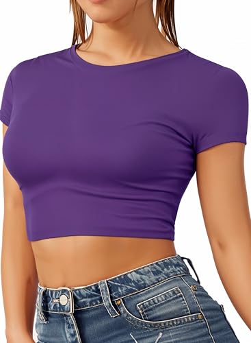 Re Tech UK - Women's Basic Ladies Short Sleeve Stretchy Crop Tops for Women, Slim Fit Crew Neck, Cropped T Shirt, Summer, Cute, Tshirt, Sizes 8-14 (M/L 12-14, Purple)