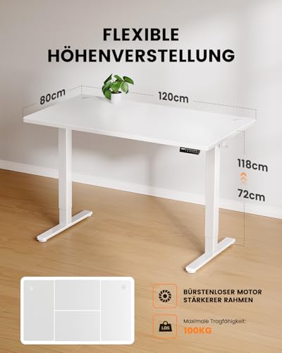 ErGear In hoogte verstelbaar bureau, 120 x 80 cm, 100 kg draagkracht, elektrisch bureau met geavanceerde borstelloze motor, stille functie, robuust metalen frame, vierkant tafelblad - Afbeelding 3