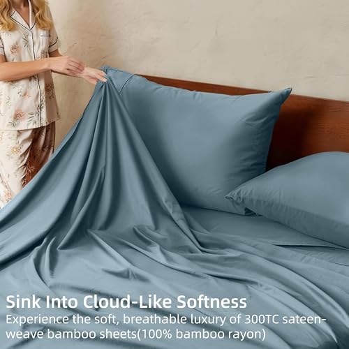 GOKOTTA Queen Sheet Set 4 Piece,100% Rayon Derived from Bamboo Sheets,Cooling Sheets Queen for Hot Sleepers,16 Inch Deep Pocket Queen Size Bed Sheets with Elastic Corner Straps,Silky Soft - Blue