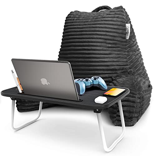 Image of Nestl Dark Grey Reading Pillow with Bed Desk for Laptop and Writing, Luxe Cut Plush Back Pillow for Sitting Up, Back and Arms Adjustable Support for Adult and Teens, Foldable Lap Desk for Bed 22x14 inch