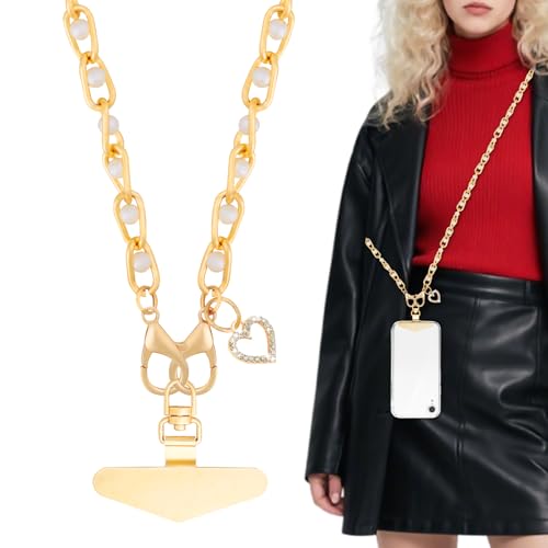Image of Yiflin Cell Phone Lanyard Crossbody for Women,Gold Phone Strap Crossbody Set,Cute Metal Phone Chain,with Metal Phone Tether Tab,Love Charm (Pearl Golden crossbody phone lanyard 4)