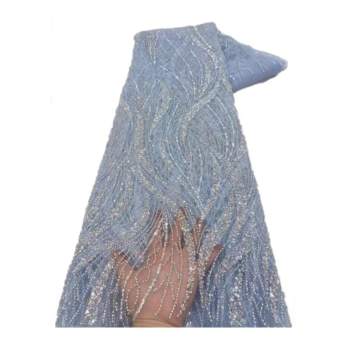 Tissu perlé haut de gamme de 5 yards bleu clair avec broderie chaîne lourde