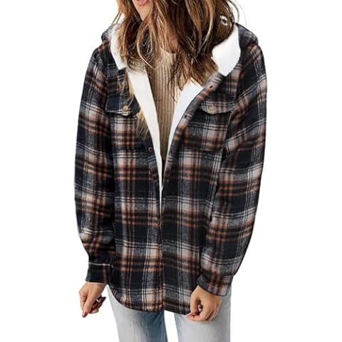 VXVGER Womens Fleece Plaid Jacket Winter Warm Sherpa Lined Coats Long Sleeve Button Down Hooded Flannel Shirt Casual Jackets(Blue Orange,XL) Cover