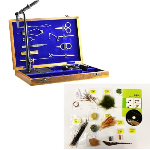 KB Tool Fly Tying Kit 12 Tools in Real Real Wooden Box & Material for Tying 48 Flies from Instruction on DVD for 6 Basic Easy Flies Pattern. - Great Gift 798+118M