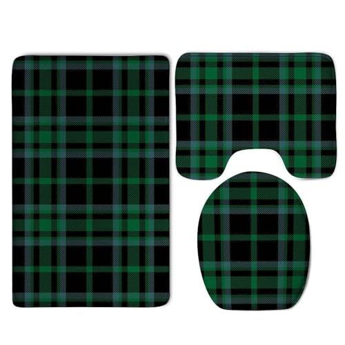 CWECVWE Bathroom Rug Set Green and Black Tartan Plaid Scottish, 3-Piece Set with Non-Slip Rug, Toilet Lid Cover and Bath Mat, Washable Bathroom Accessories Set for Home Decor
