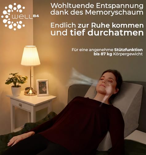 WELL B4 Ergonomisches Lesekissen für Bett und Sofa – Bequemes Rückenkissen mit Memory Foam – Verwendbar als Reflux Kissen, Keilkissen Bett, Bettkissen Rückenlehne im Sitzen und Liegen, GRAU