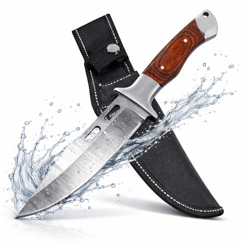 Krollmann Jagdmesser feststehende Klinge (30cm) – Outdoor Bushcraft Messer & Angelmesser 440C – Großes Survival Fahrtenmesser Full Tang mit Holster für Jagd, Camping & Wildnis (Extrem Scharf)