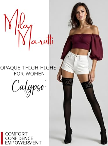 Mila Marutti Opaque Thigh High Stockings for Women | Lace Top Thigh High Tights | Pantyhose Nylons - Made in EU2