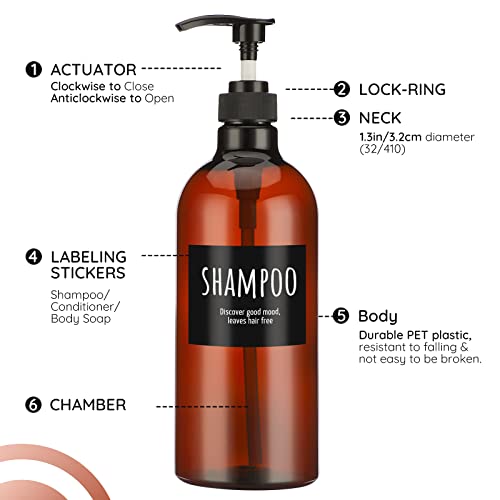 Image of Empty Plastic Bottles with Labels, Segbeauty 33.8oz Large Brown Shampoo Conditioner Reusable Dispenser, 2 Packs of 1000ml Refillable Shower Lotion Pump Press Bottles for Bathroom Hand Soap Body Wash