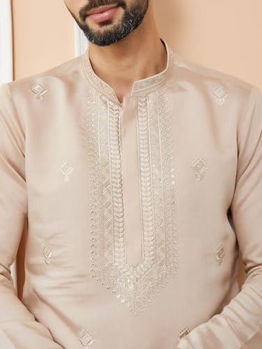 Image of See Designs Men's Long Sleeve Mandarin Collar Side Slit Off-White Embroidered Chanderi Silk Straight Kurta