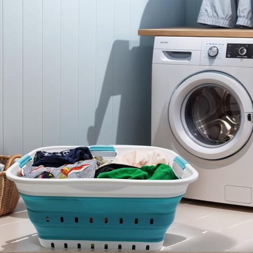 Image of SAMMART 42L Collapsible Plastic Laundry Basket - Foldable Pop Up Storage Container /Organizer - Space Saving Hamper /Basket (1, White /Bright Blue)