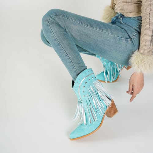 Image of Women's Western Ankle Booties Pointed Toe Cowgirl Boots with Fringe Tassels or Sparkly Rhinestone Fashion Short Boots for Casual Daily Wear