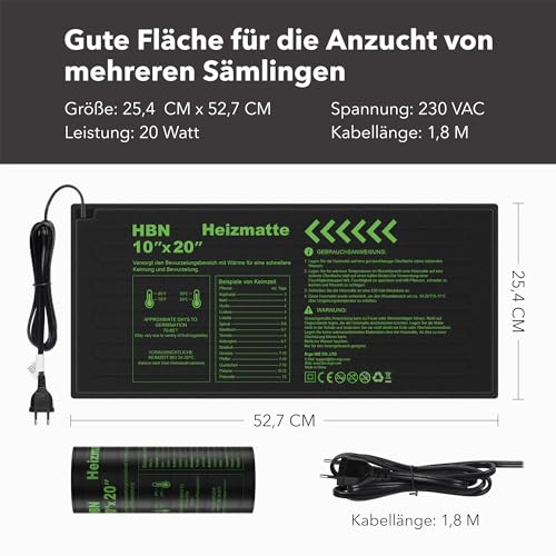 HBN Pflanzen Heizmatte Wärmematte Wärmeplatte für Sämling und Samen, 17.5W, Zimmergewächshaus Anzuchtplatte Heizkissen für Gemüse, Blumen, Kräuter, Terrarien, 50 x 25.7cm