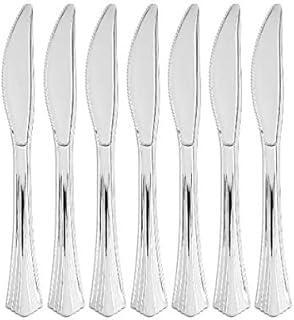 MATANA - 100 Premium Reusable Elegant Plastic Knives Set for Wedding Birthday Picnic Party Cutlery - Silver