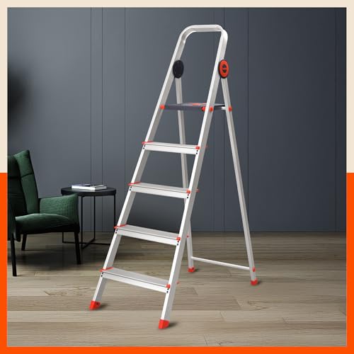 Image of Bathla Advance Pro 5-Step Foldable Aluminium Ladder for Home | Heavy-Duty & Anti-Slip Steps with Sure-Hinge Technology | 7-Year Manufacturer Warranty | Orange