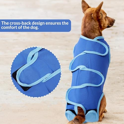 Image of SAWMONG Recovery Suit for Dogs Cotton, Professional Dog Surgery Suit for Spay, Pet Cone Alternative, Breathable Dog Onesie for Surgery Female Male, Abdominal Wounds Skin Disease Cat (L, Blue)