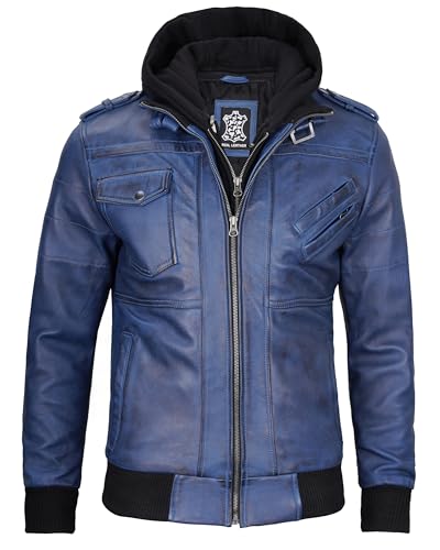 Image of Decrum Mens Leather Jacket - Detachable Hood Stylish Real Lambskin Leather Bomber Jacket Men