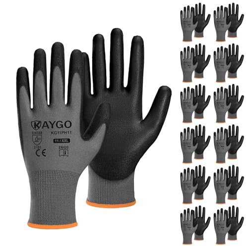 Image of KAYGO Work Gloves for Men and Women, 12 Pairs Seamless Knit PU Coated Safety Gloves, with Smooth Grip on Palm and Fingers, Ideal for Light Warehouse, Manufacturing, Gardening, KG11P (2XL,Gray)