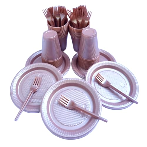Kit Descartáveis para festa 50 Pessoas Copo + Pratinho de bolo + Garfinho (Rose gold)
