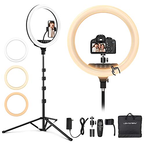 18 inch Led Ring Light with Tripod Stand & Phone Holder, LIGHTSTORY 3000K-6500K Dimmable Lighting Kit, Touch and Remote Controller for Photo Studio/Makeup/YouTube Video/Camera, Carrying Bag