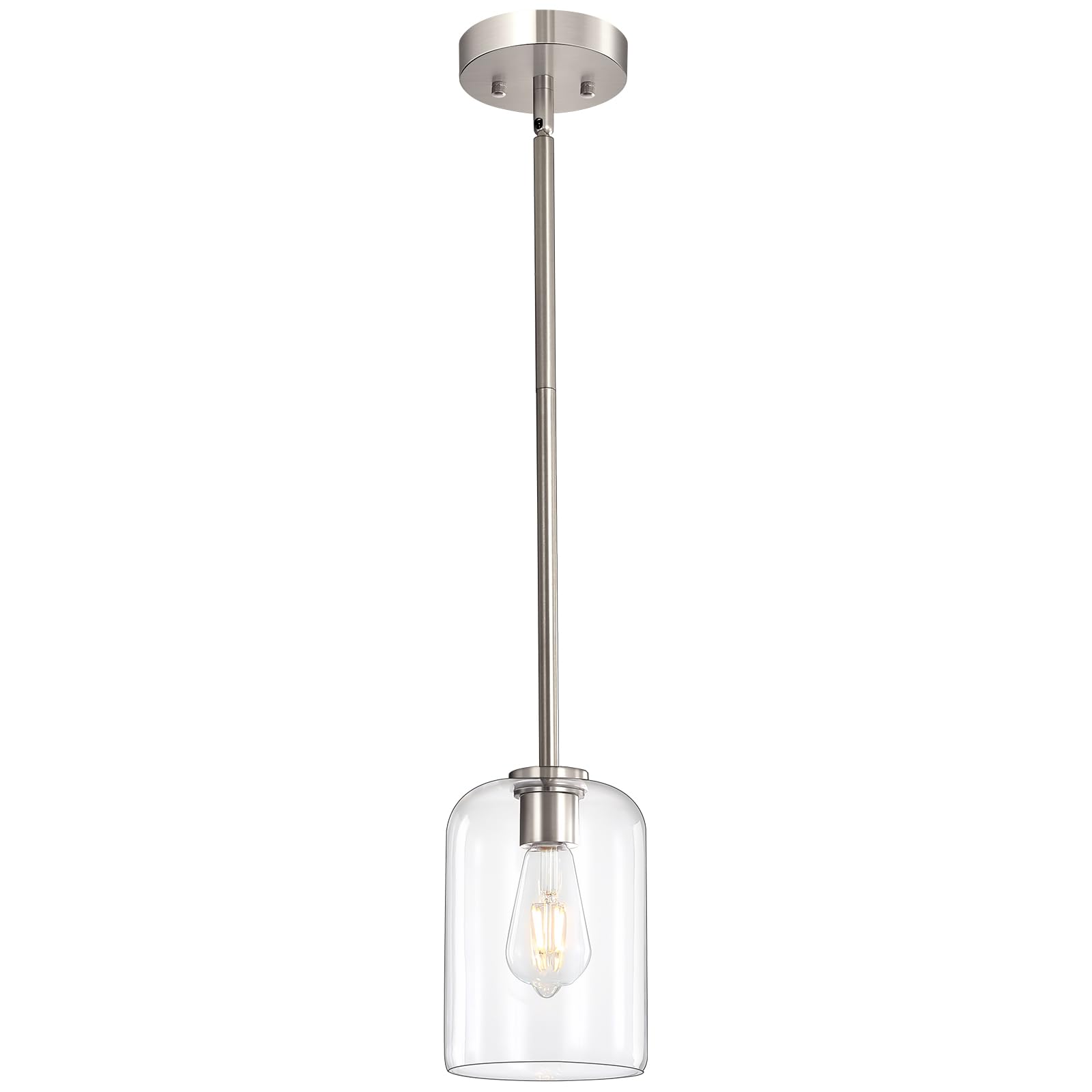 Brushed Nickel Pendant Light Fixtures, 6 Inch Clear Glass Shade Modern Farmhouse Pendant Lights Kitchen Island, Industrial Hanging Light Fixture Adjustable Stem Rod for Over Sink