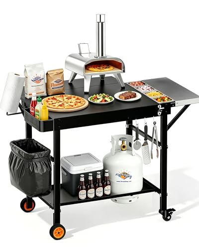 Image of Outdoor Pizza Oven Table, Portable Pizza Oven Cart with Topping Station, Heavy Duty Grill Cart Table with Pizza Prep Station with Storage, Fit Ninja Cuisinart Gozney and Blackstone Griddle