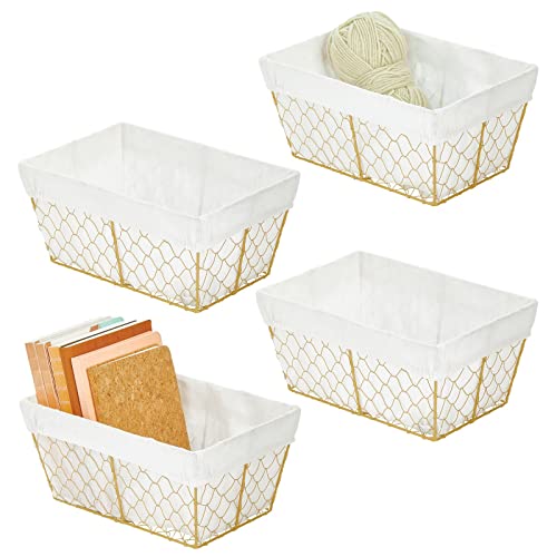 Mdesign Medium Metal Farmhouse Home Storage Organizer Basket - Chicken Wire Design, Fabric Liner For Kitchen, Bathroom, Living Room, Pantry, Cupboard, Shelves, Countertop - 4 Pack - Soft Brass/White #TOP4