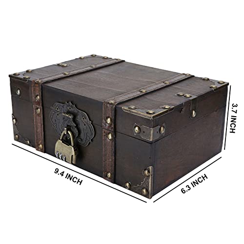Safedelux Wooden Treasure Chest Box Vintage Decorative Storage Box With Lock For Home Decor Great Father Day Gifts - 9.4” X 6.3” X 3.7” #TOP4