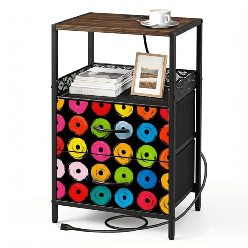 Night Stand with Charging Station Bedside Table with 2 Fabric Drawers Abstract Black Colorful Handpainted Circles Bright Colors Contrasting Bedroom Nightstand with USB Ports & Outlets Open Shelf Black