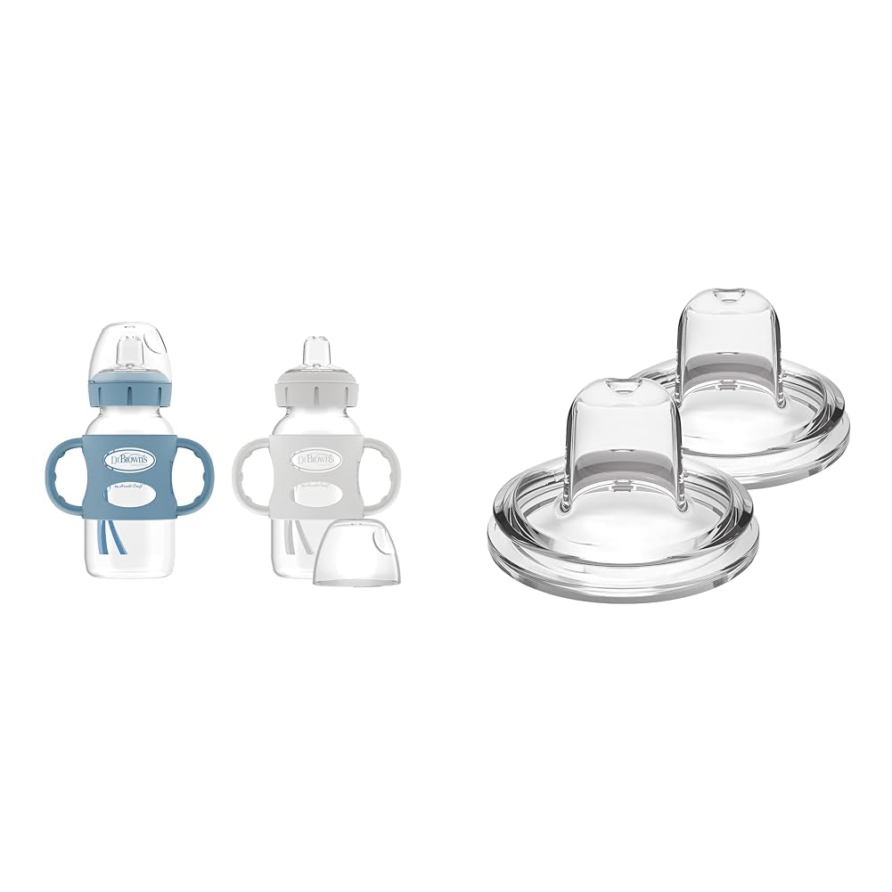 Dr. Brown's Milestones Wide-Neck Sippy Bottle with 100% Silicone Handles, Easy-Grip Bottle & Options+ Wide-Neck Baby Bottle Sippy Spout, 2Count