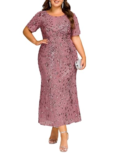 Image of Ever-Pretty Plus Women's Short Sleeves Bodycon Sequin Ball Gown Maxi Plus Size Formal Evening Dresses Vestidos De Fiesta
