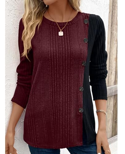 BAISHENGGT Tunic Tops for Women Dressy Casual Color Contrast Long Sleeve Blouse Crew Neck Streetwear T Shirts2