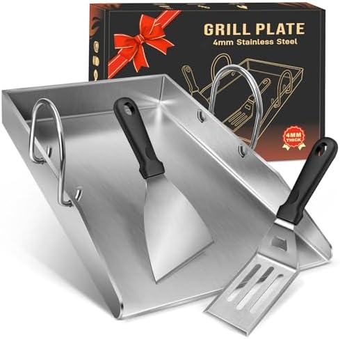 Grillplatte Plancha Geschenke für Männer Frauen, mit 2 Grillspachtel Set, 4mm Dickem Edelstahl BBQ mit Abnehmbar Griffen, für Gasgrill und Holzkohlegrill 40 x 30 x 4 cm,