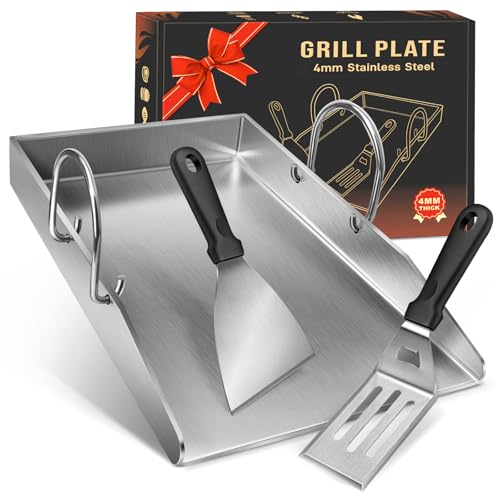 Grillplatte Plancha Geschenke für Männer Frauen Weihnachtstag, mit 2 Grillspachtel Set, 4mm Dickem Edelstahl BBQ mit Abnehmbar Griffen, für Gasgrill und Holzkohlegrill 40 x 30 x 4 cm,