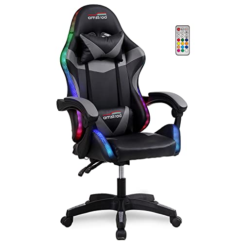 Amstrad AMS-900-LED-BK Fauteuil/Chaise de Bureau Gamer Noir Gris – Eclairage LED 366 Effets – Télécommande