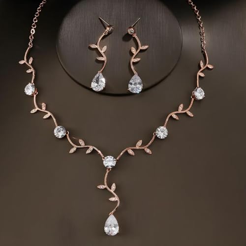 Conjunto Feminino Colar e Brincos Cravejado com Zircônias - Flora + Bolsa de Veludo